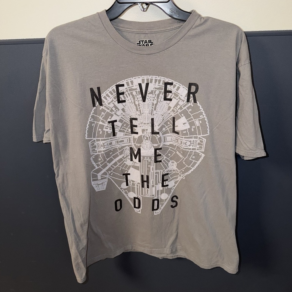 Star Wars T Shirt, Millenium Falcon, Never Tell Me The Odds, Size Large Gray